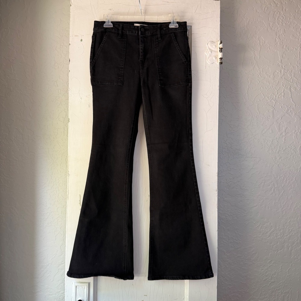 Harper Heritage Mid Rise Flare Jeans Black Wash Patch Pocket Size 28
